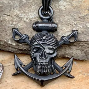 1 Eyed Pirate & Anchor Black Pendant - Necklace - SLC294 CLEARANCE