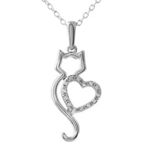 10K White .05 CTW Diamond Cat Silhouette with Heart 18" Necklace