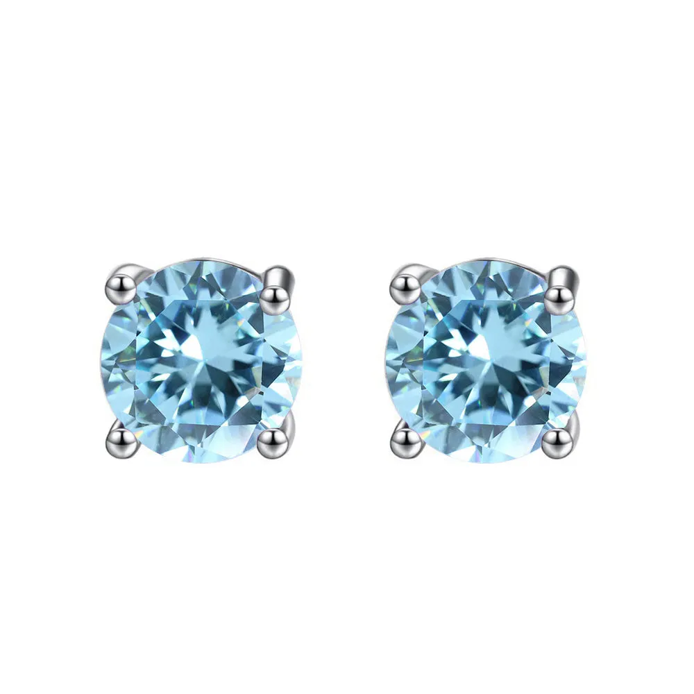 10k White Gold Plated 2 Carat Round Created Blue Topaz Sapphire Stud Earrings