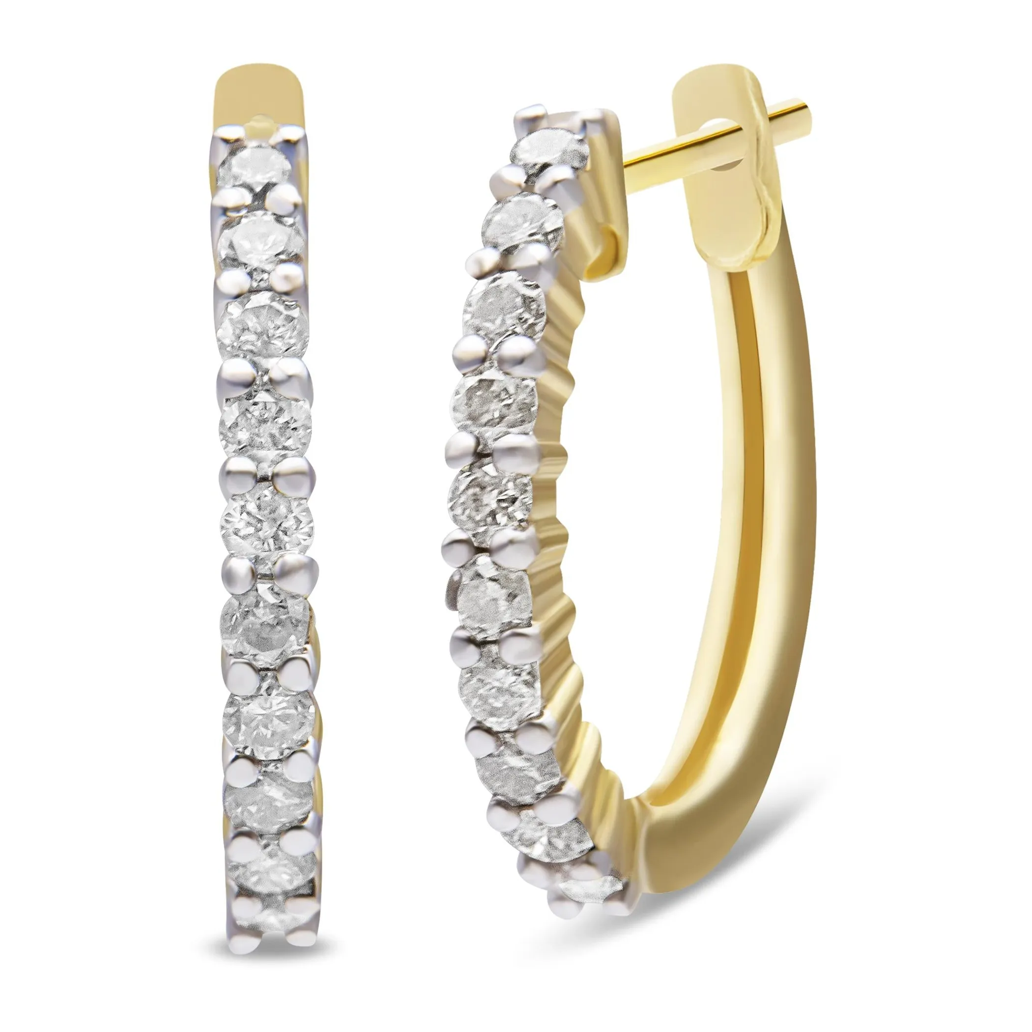 10K Yellow Gold 1/2 Cttw Prong Set Round-Cut Diamond Hoop Earrings (I-J Color, I1-I2 Clarity)