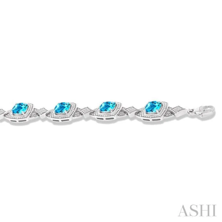 1/10 ctw Cushion Cut 7X7MM Blue Topaz and Round Cut Diamond Semi Precious Bracelet in Sterling Silver