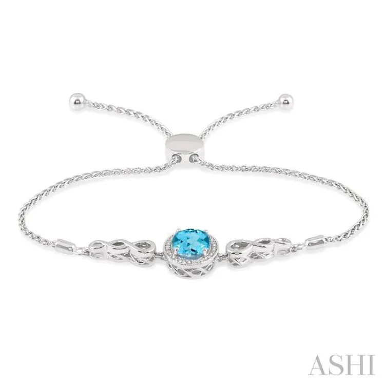 1/20 Ctw Oval 10x8 MM Blue Topaz Round Diamond Sterling Silver Lariat Bracelet