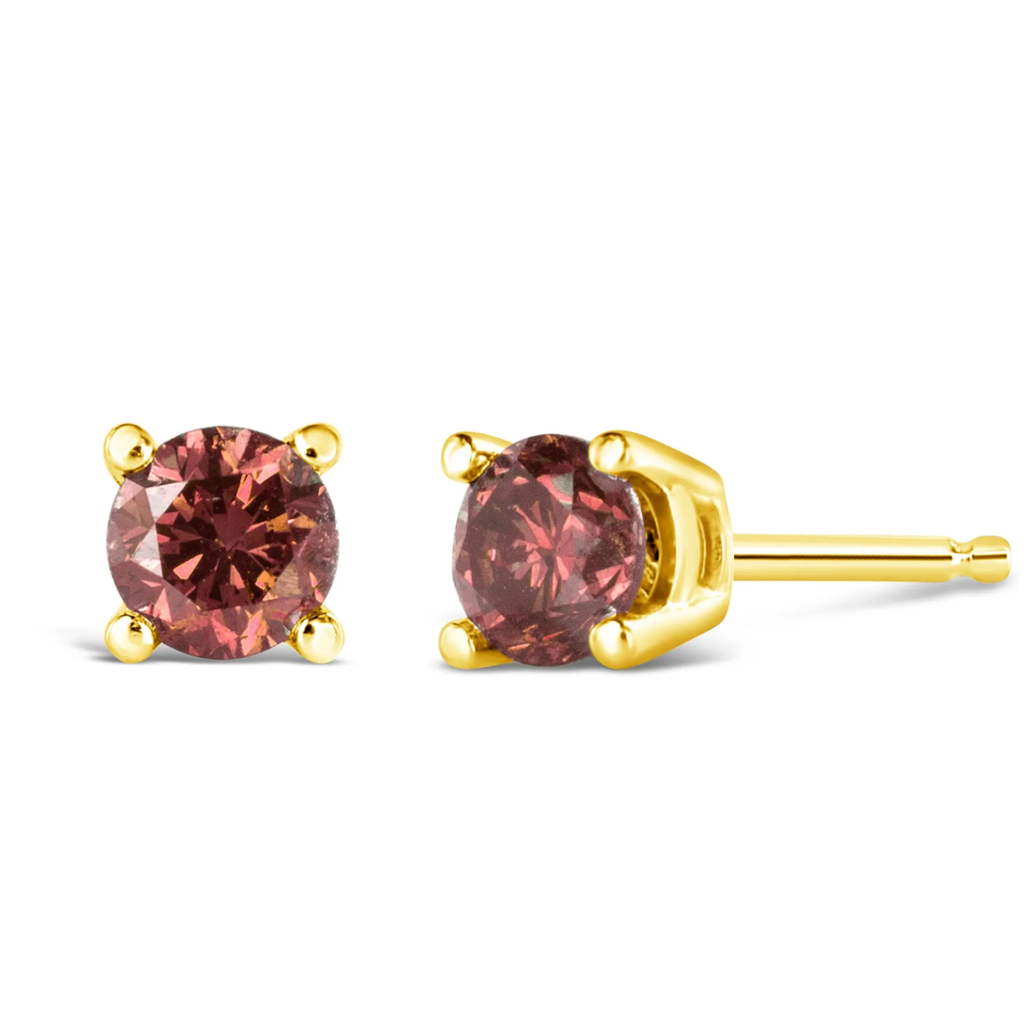 14K Gold 4-Prong Set Round Brilliant-Cut Pink Diamond Solitaire Stud Earrings (Treated Pink Color, VS2-SI1 Clarity)