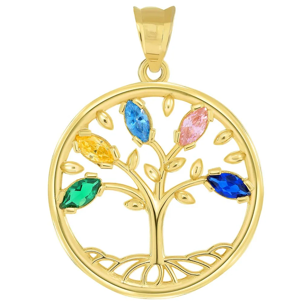 14k Gold Cubic Zirconia Round Elegant Tree of Life Medallion Pendant Curb Chain Necklace - Yellow Gold