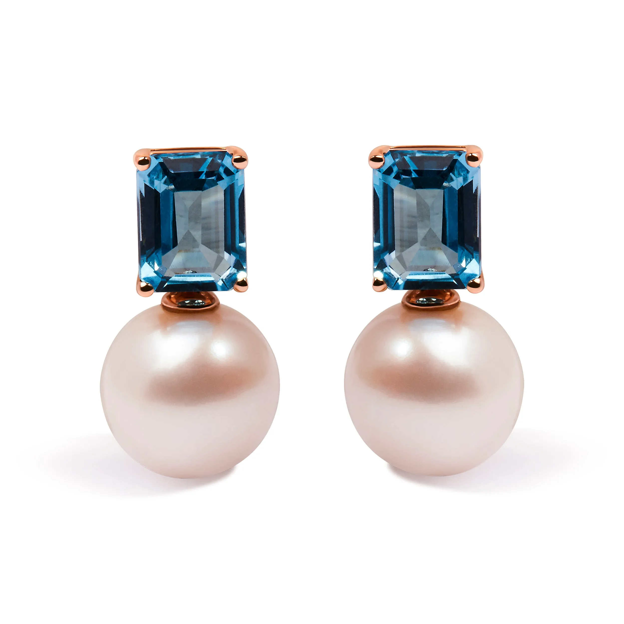 14K Rose Gold 10MM Cultured Freshwater Pearl and 8x6mm Octagon Swiss Blue Topaz Drop Earrings