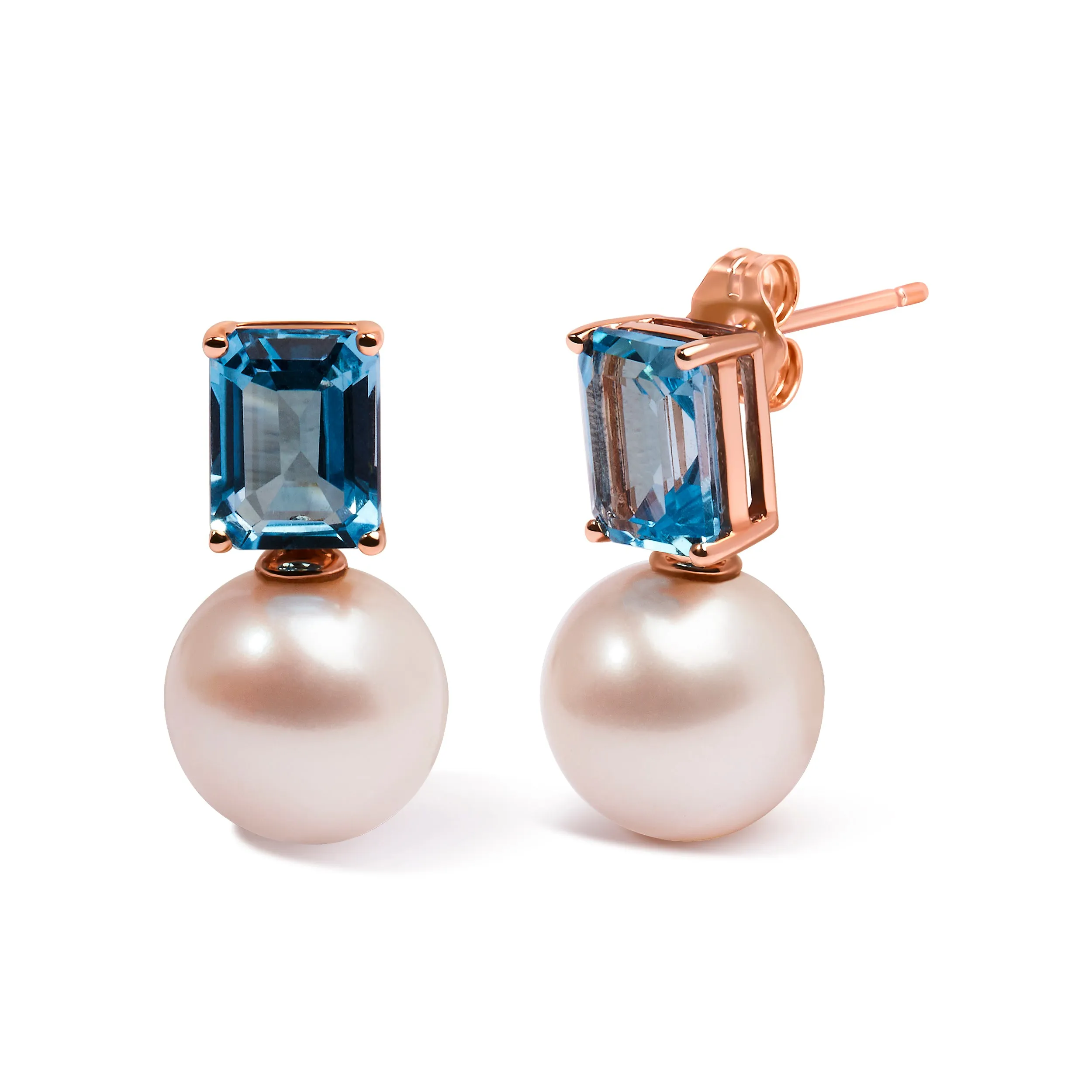 14K Rose Gold 10MM Cultured Freshwater Pearl and 8x6mm Octagon Swiss Blue Topaz Drop Earrings