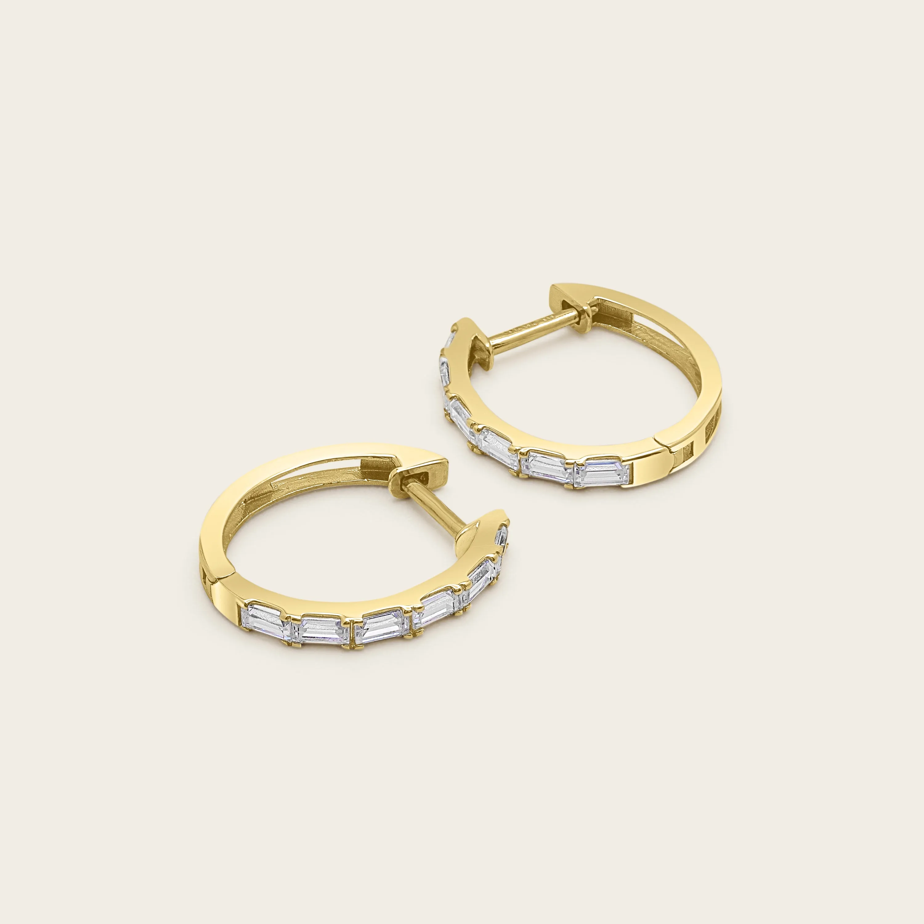 14k Solid Gold Diamond Baguette Huggie Earrings