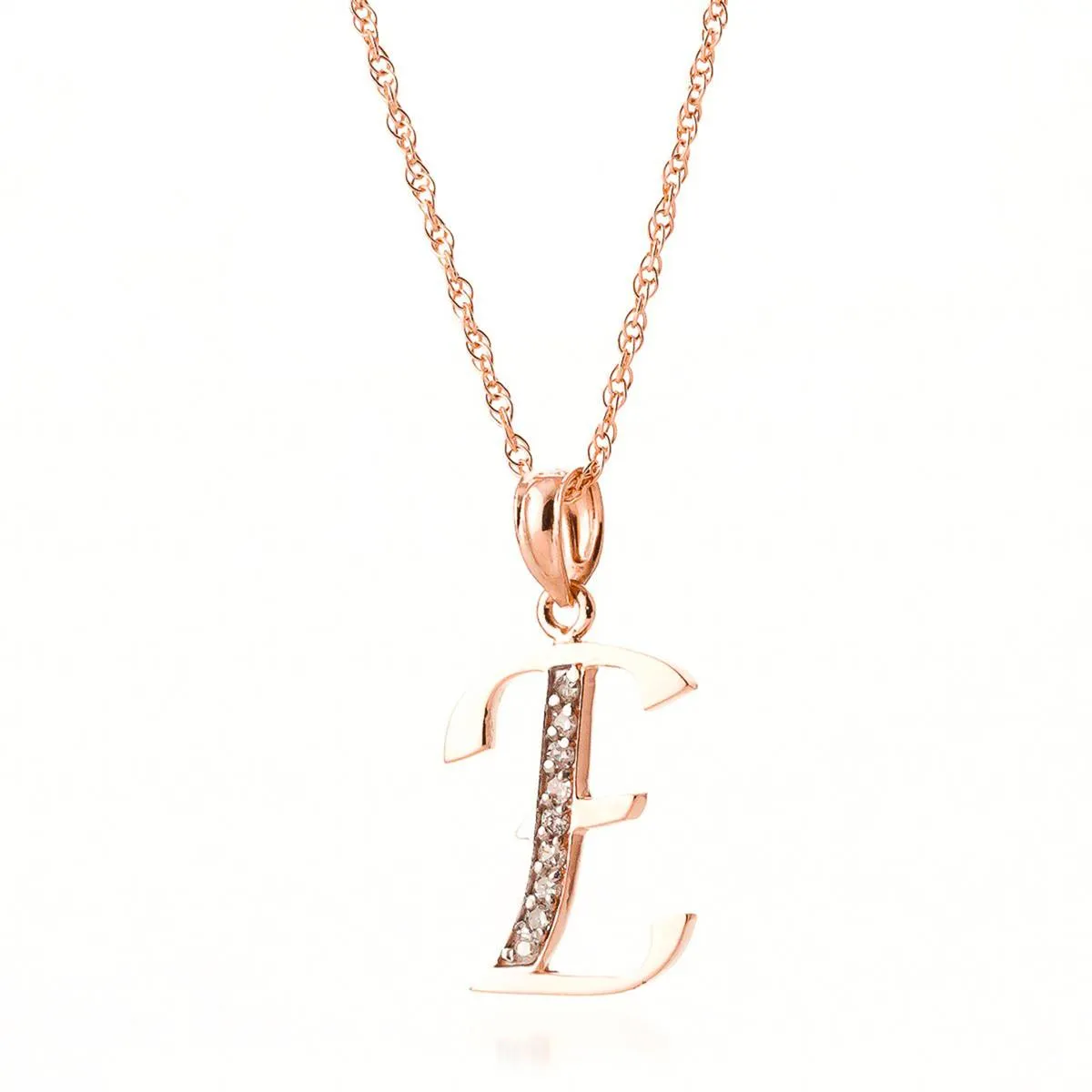 14K Solid Rose Gold Necklace w/ Natural Diamonds Initial 'e' Pendant