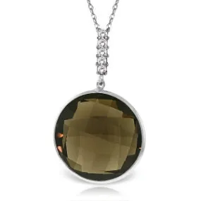 14K Solid White Gold Necklace w/ Diamonds & Checkerboard Cut Smoky Quartz