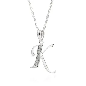 14K Solid White Gold Necklace w/ Natural Diamonds Initial 'k' Pendant