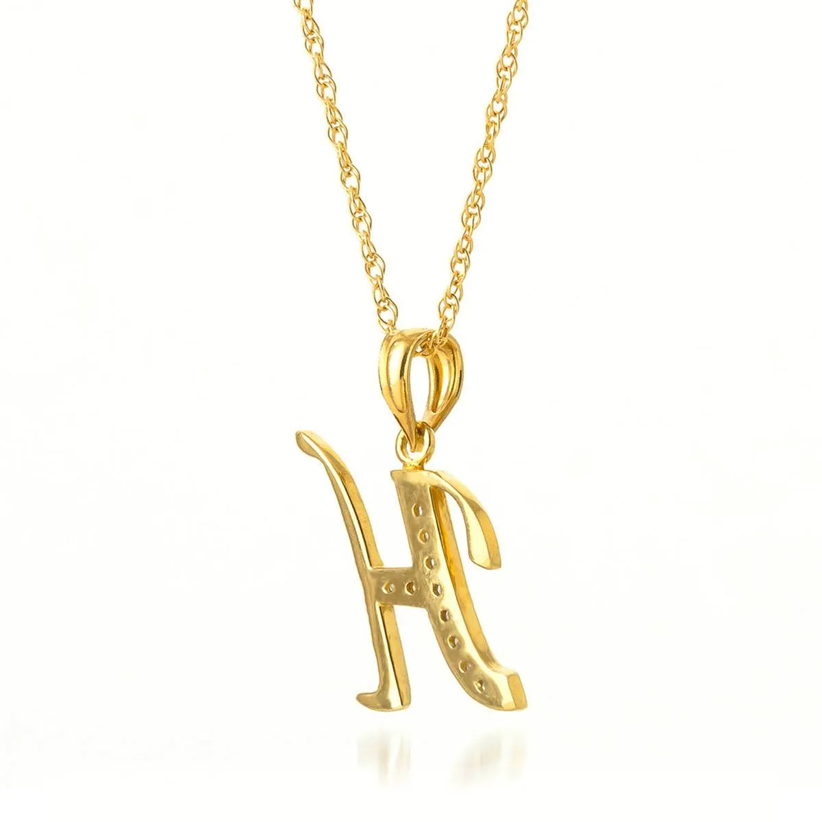 14K Solid Yellow Gold Necklace w/ Natural Diamonds Initial 'h' Pendant