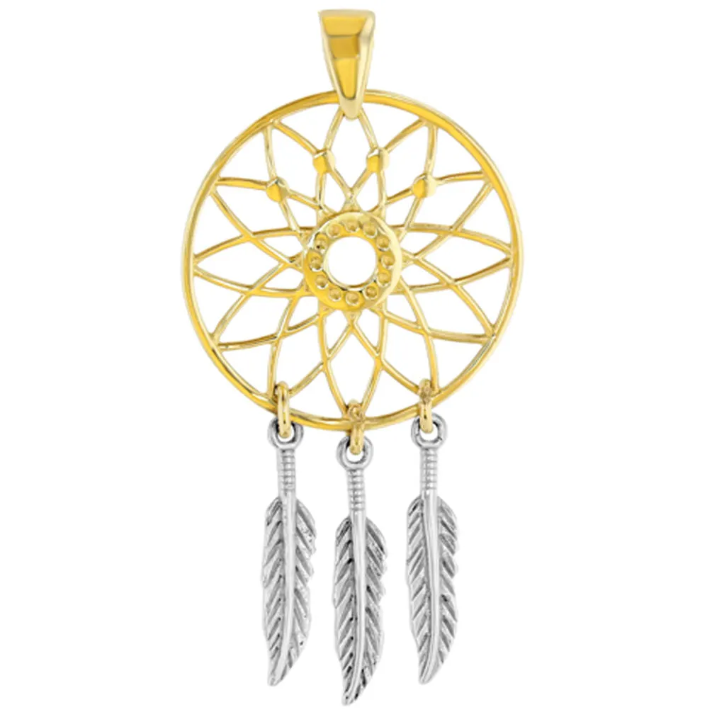 14K Two-Tone Gold Native American Dreamcatcher Charm Pendant with Cuban Necklace