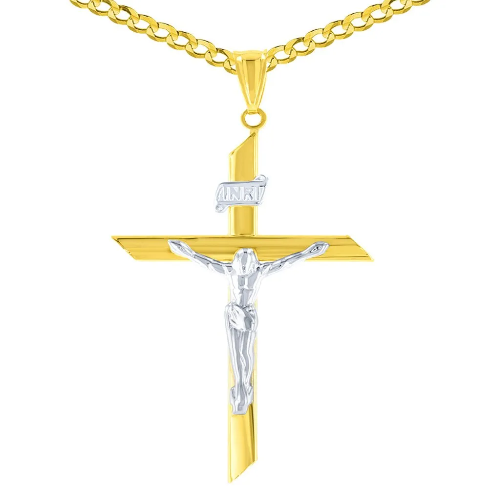 14K Two-Tone Gold Passion Cross with Jesus Christ Crucifix Pendant with Cable, Curb, or Figaro Chain Necklace