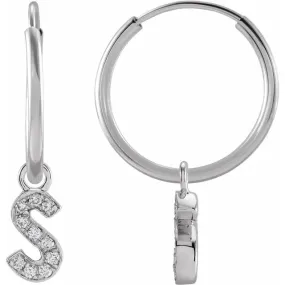 14K White Gold .05 CTW Natural Diamond Single Initial S Hoop Earring