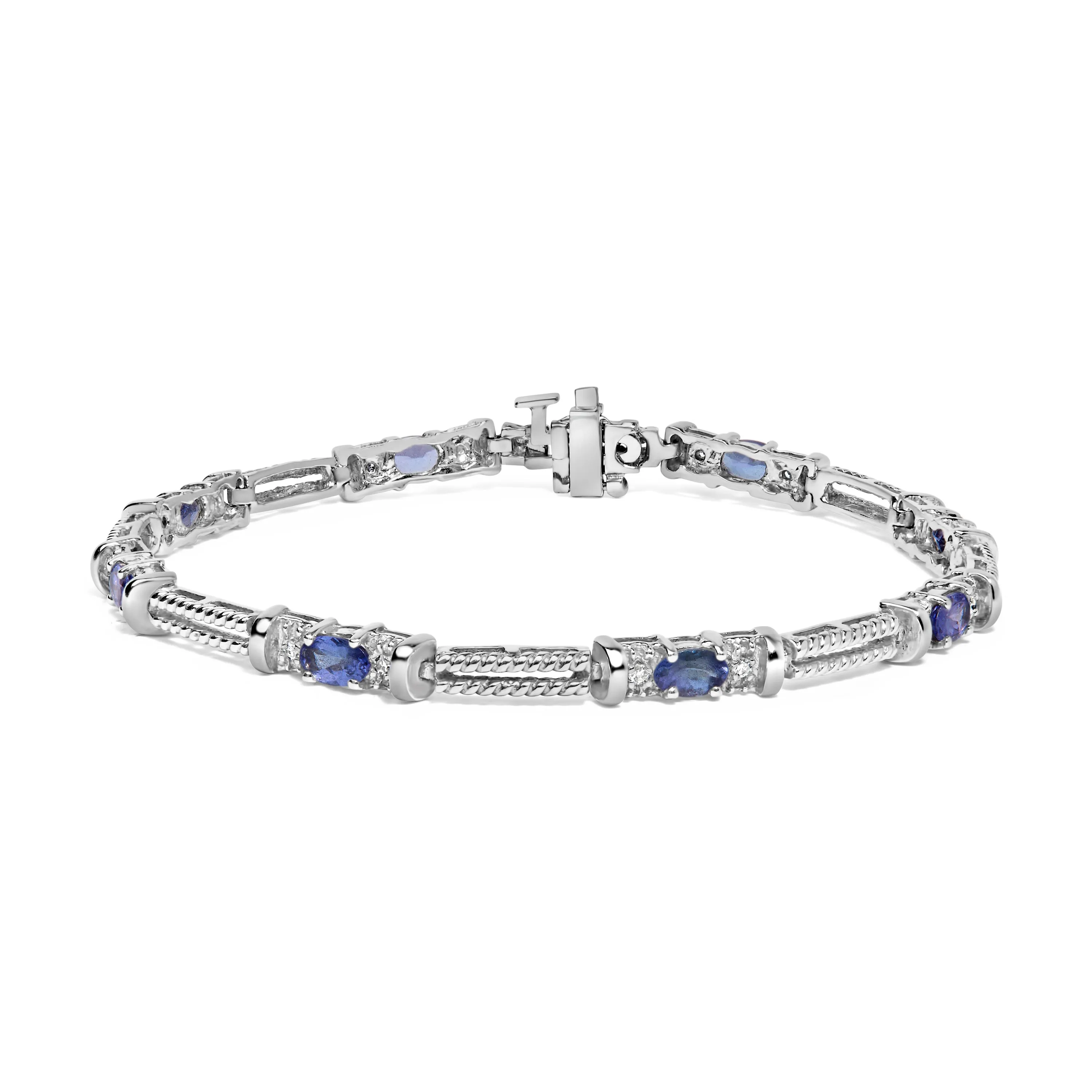 14K White Gold Blue Purple Tanzanite and Diamond Accent Cord Style Link Bracelet