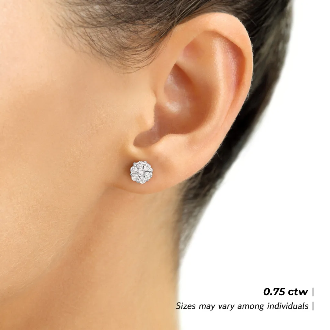 14K White Gold Diamond Cluster Stud Earring with Screw-Back, 0.75 carats