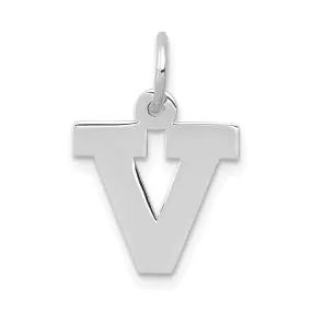 14k White Gold Small Block Design Letter V Initial Pendant