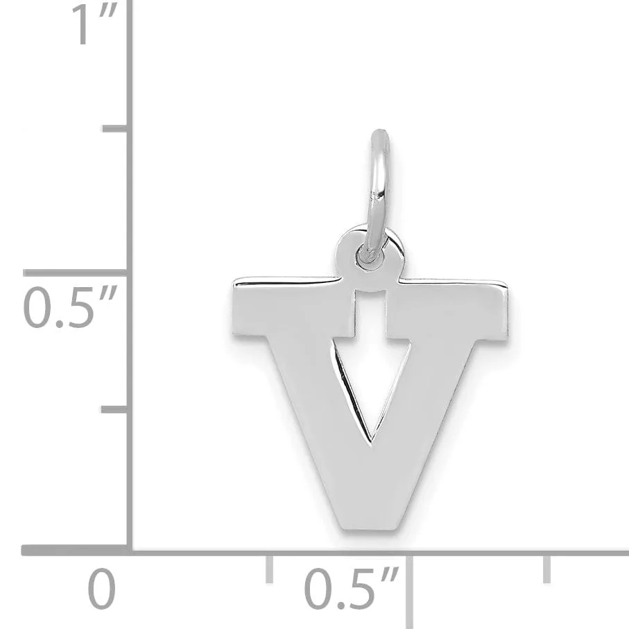 14k White Gold Small Block Design Letter V Initial Pendant