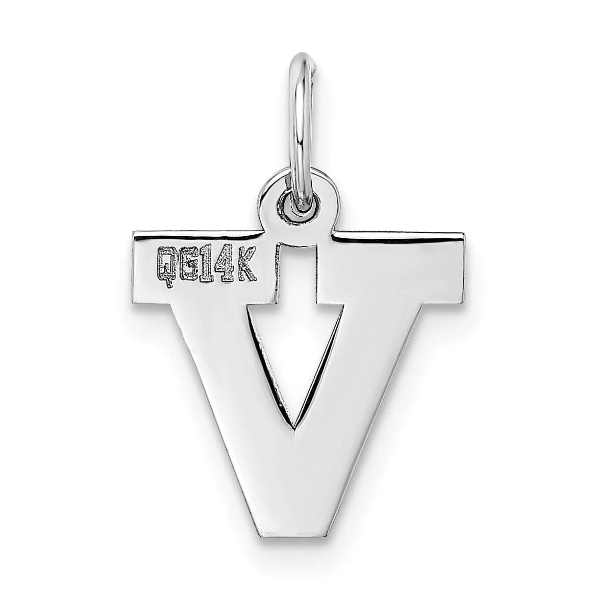 14k White Gold Small Block Design Letter V Initial Pendant