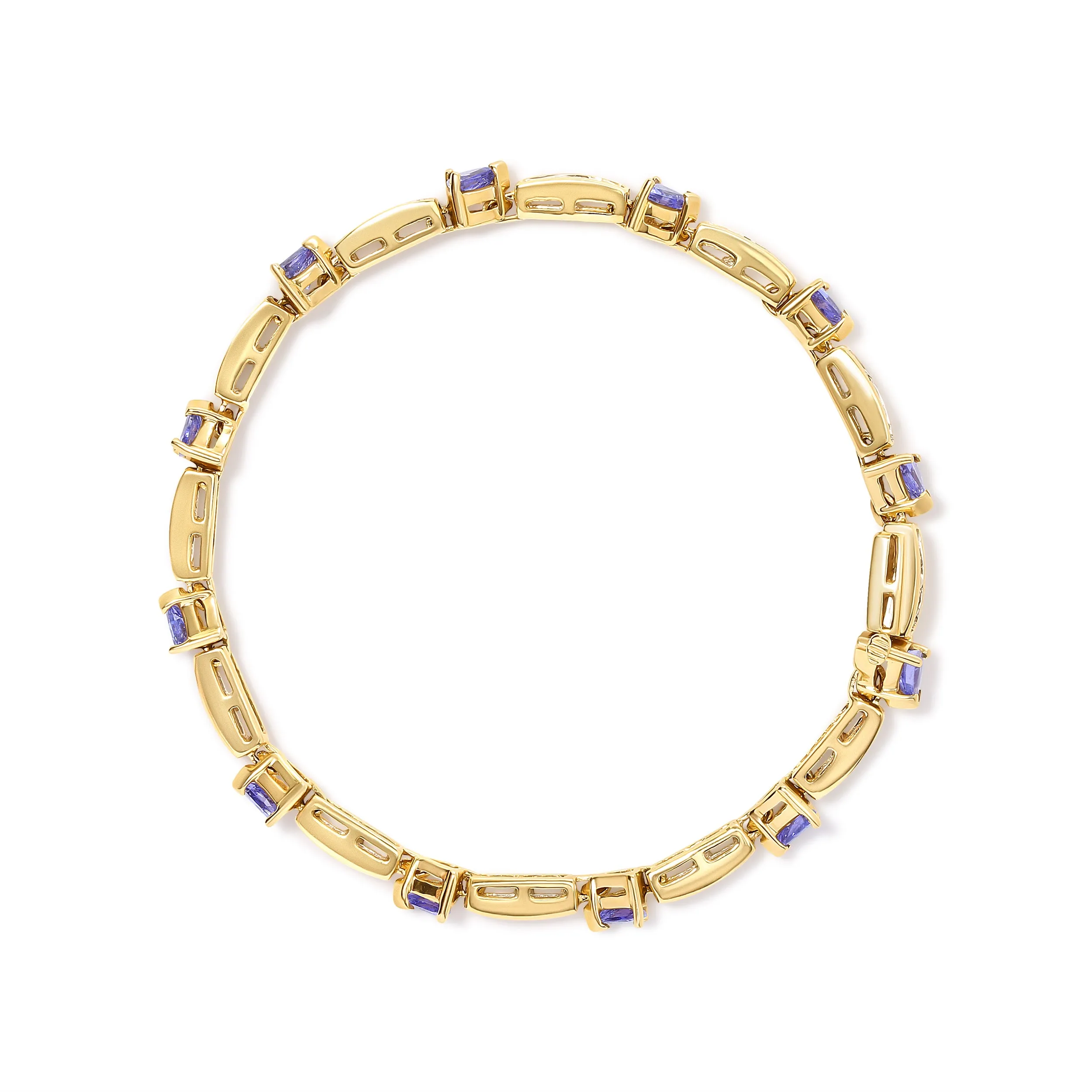 14K Yellow 5MM Trillion Cut Blue Tanzanite and 1 1/10 Cttw Diamond Tennis 7" Inches Bracelet