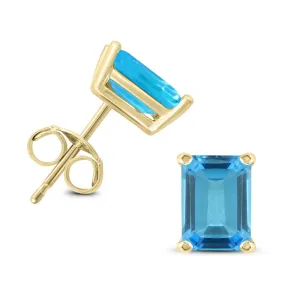 14K Yellow Gold 7X5Mm Emerald Shaped Blue Topaz Earrings