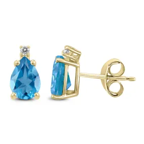 14K Yellow Gold 7X5Mm Pear Blue Topaz And Diamond Earrings