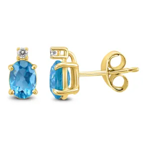 14K Yellow Gold 8X6Mm Oval Blue Topaz And Diamond Earrings