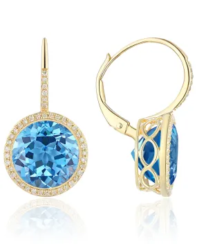 14K Yellow Gold Blue Topaz and Diamond Halo Drop Earrings