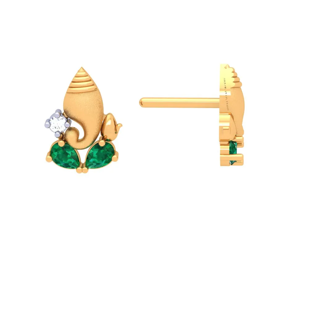 18k Gold And  Diamond Stud Earring With Green Gems From Diamond Collection