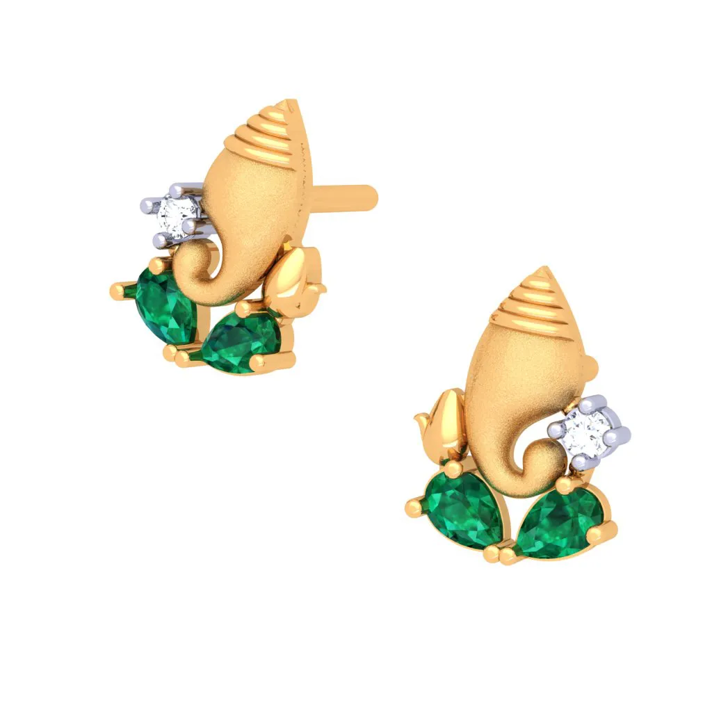 18k Gold And  Diamond Stud Earring With Green Gems From Diamond Collection