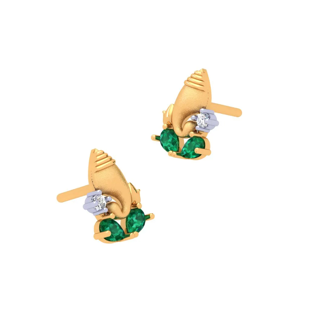 18k Gold And  Diamond Stud Earring With Green Gems From Diamond Collection