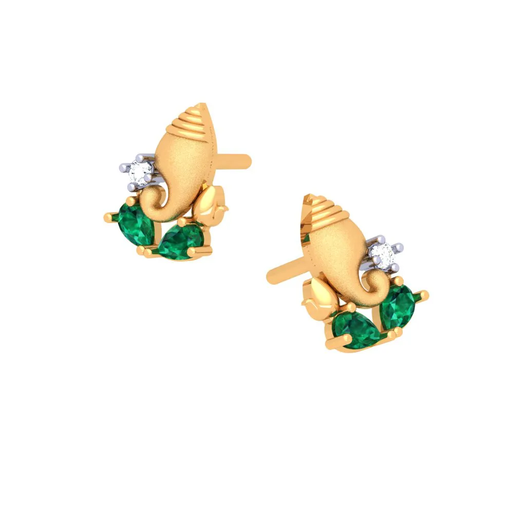 18k Gold And  Diamond Stud Earring With Green Gems From Diamond Collection