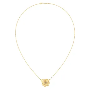 18k Gold Flower Shaped Diamond Necklace 3 Pearls