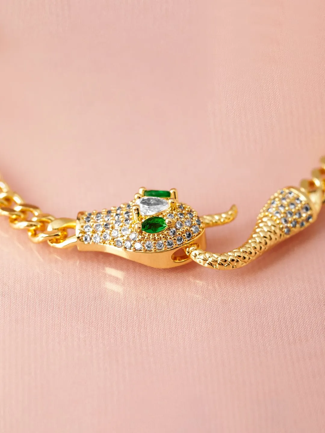 18K Gold-Plated Stainless Steel Tarnish-Free Waterproof Emerald & CZ Snake Bracelet