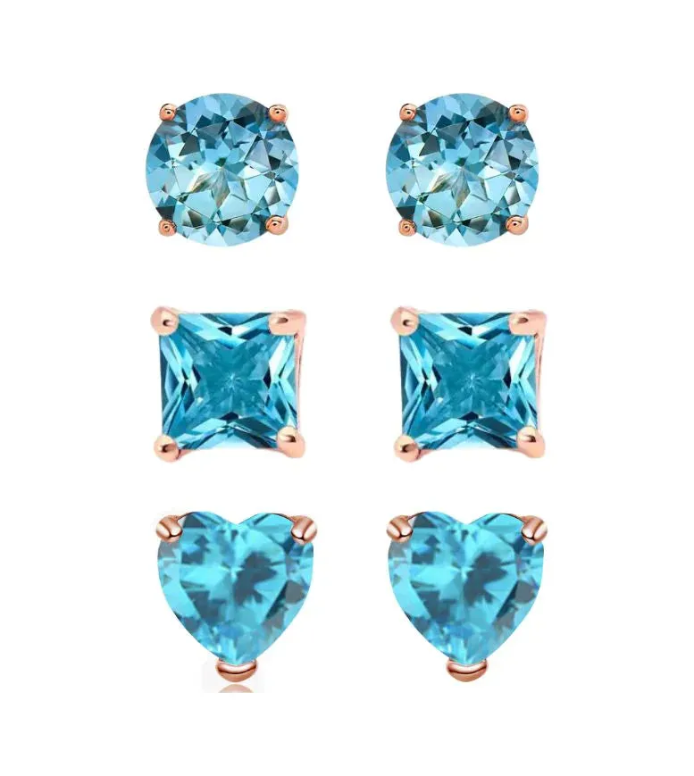 18k Rose Gold Plated 4Cttw Created Blue Topaz 3 Pair Round, Square and Heart Stud Earrings