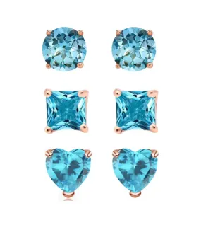 18k Rose Gold Plated 4Cttw Created Blue Topaz 3 Pair Round, Square and Heart Stud Earrings