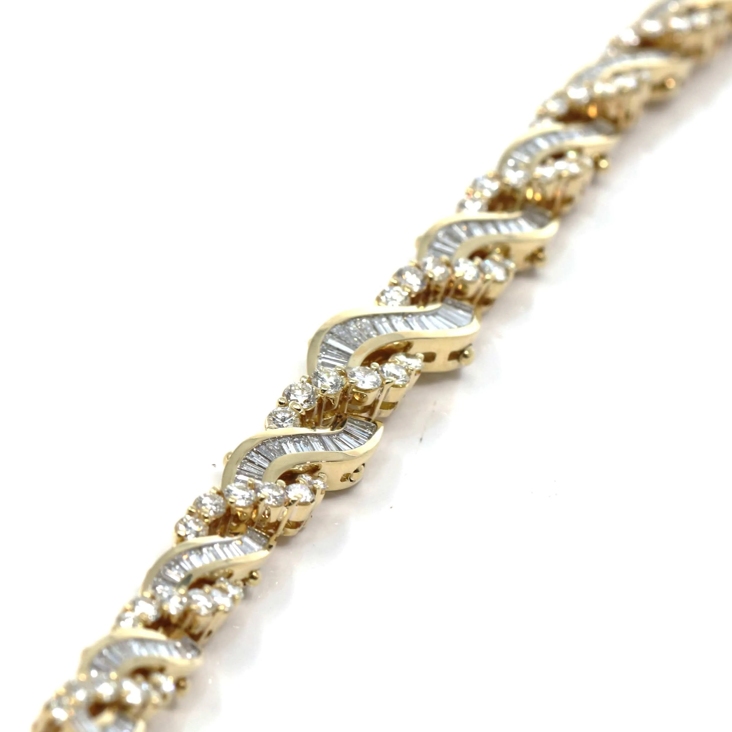 18k Yellow Gold Channel set baguette & round 12.28CTTW Diamond Bangle Bracelet