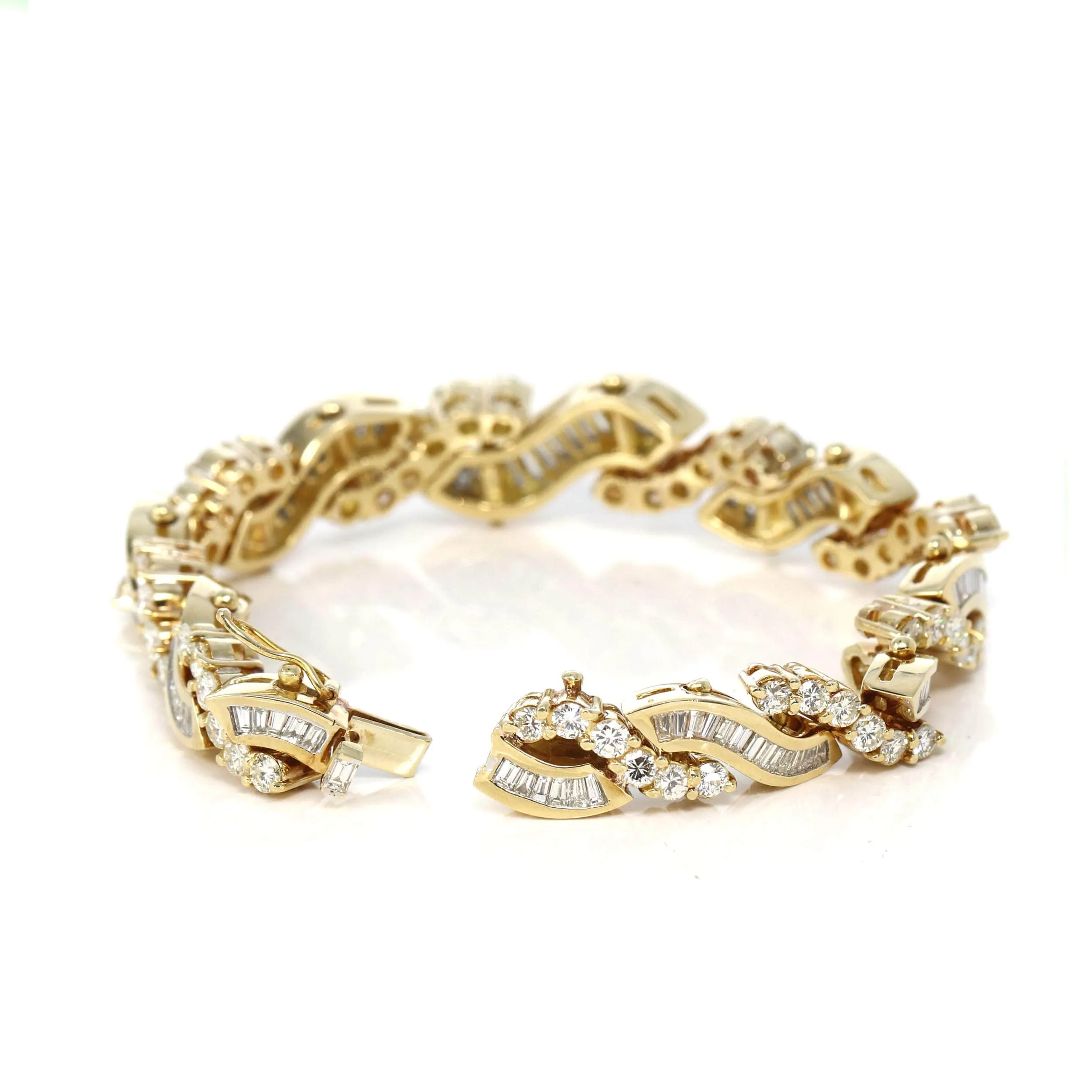 18k Yellow Gold Channel set baguette & round 12.28CTTW Diamond Bangle Bracelet