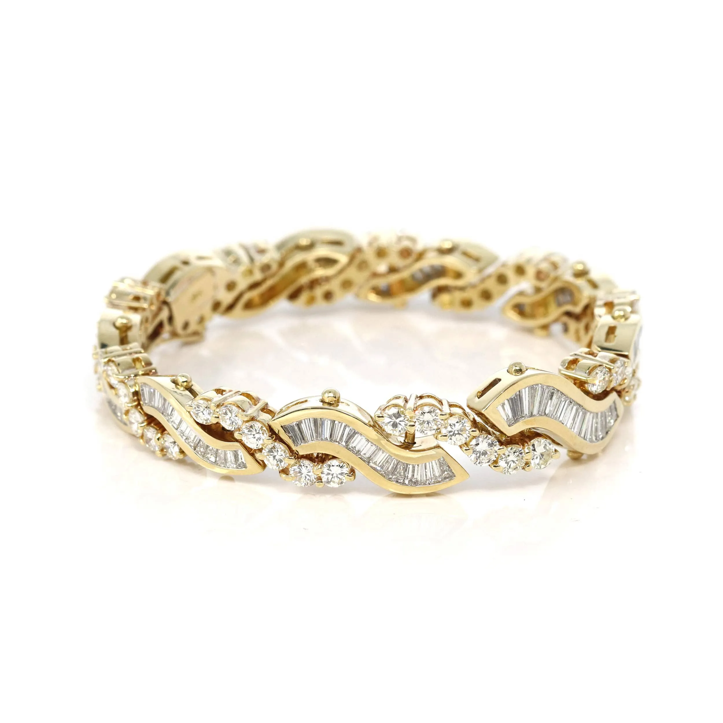 18k Yellow Gold Channel set baguette & round 12.28CTTW Diamond Bangle Bracelet