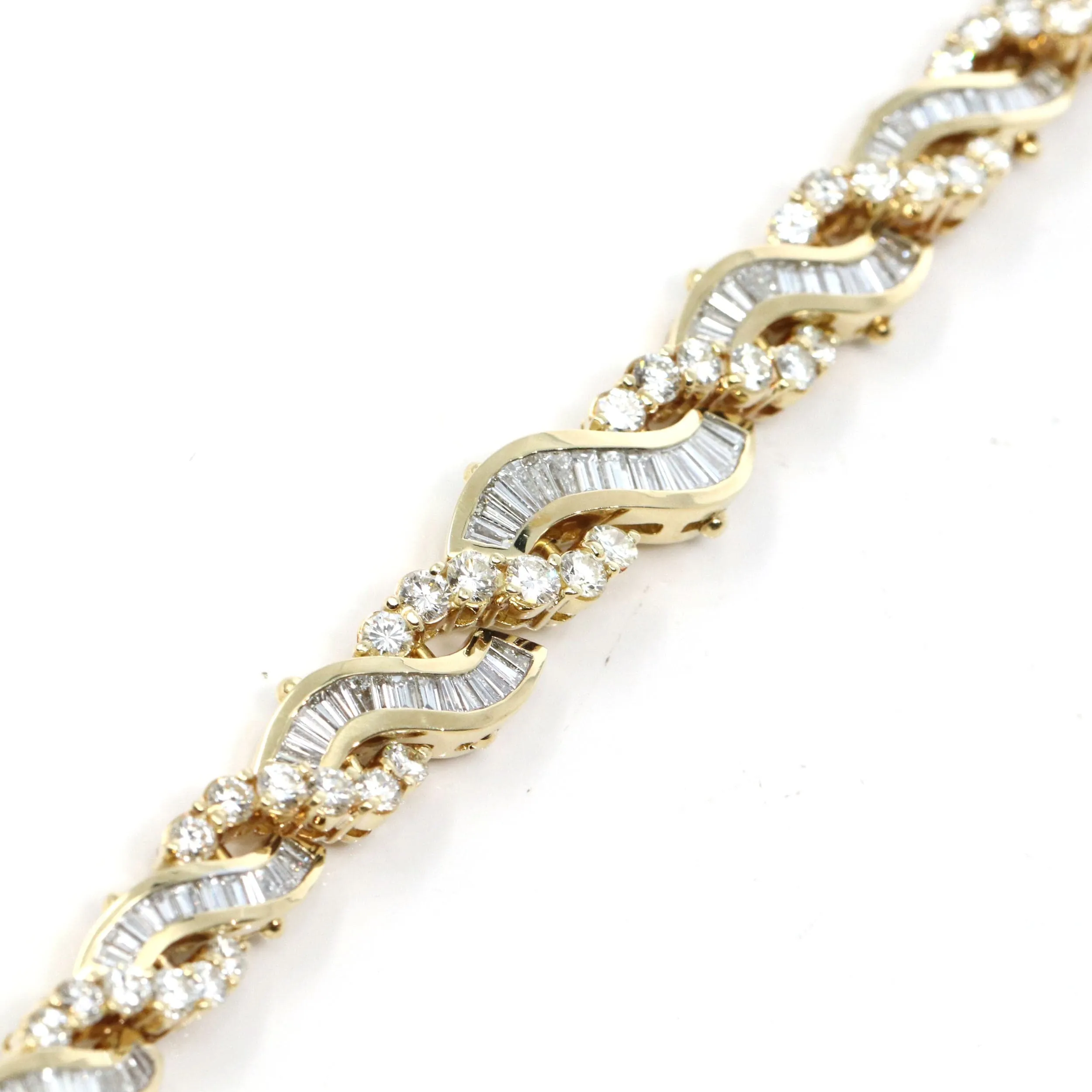 18k Yellow Gold Channel set baguette & round 12.28CTTW Diamond Bangle Bracelet