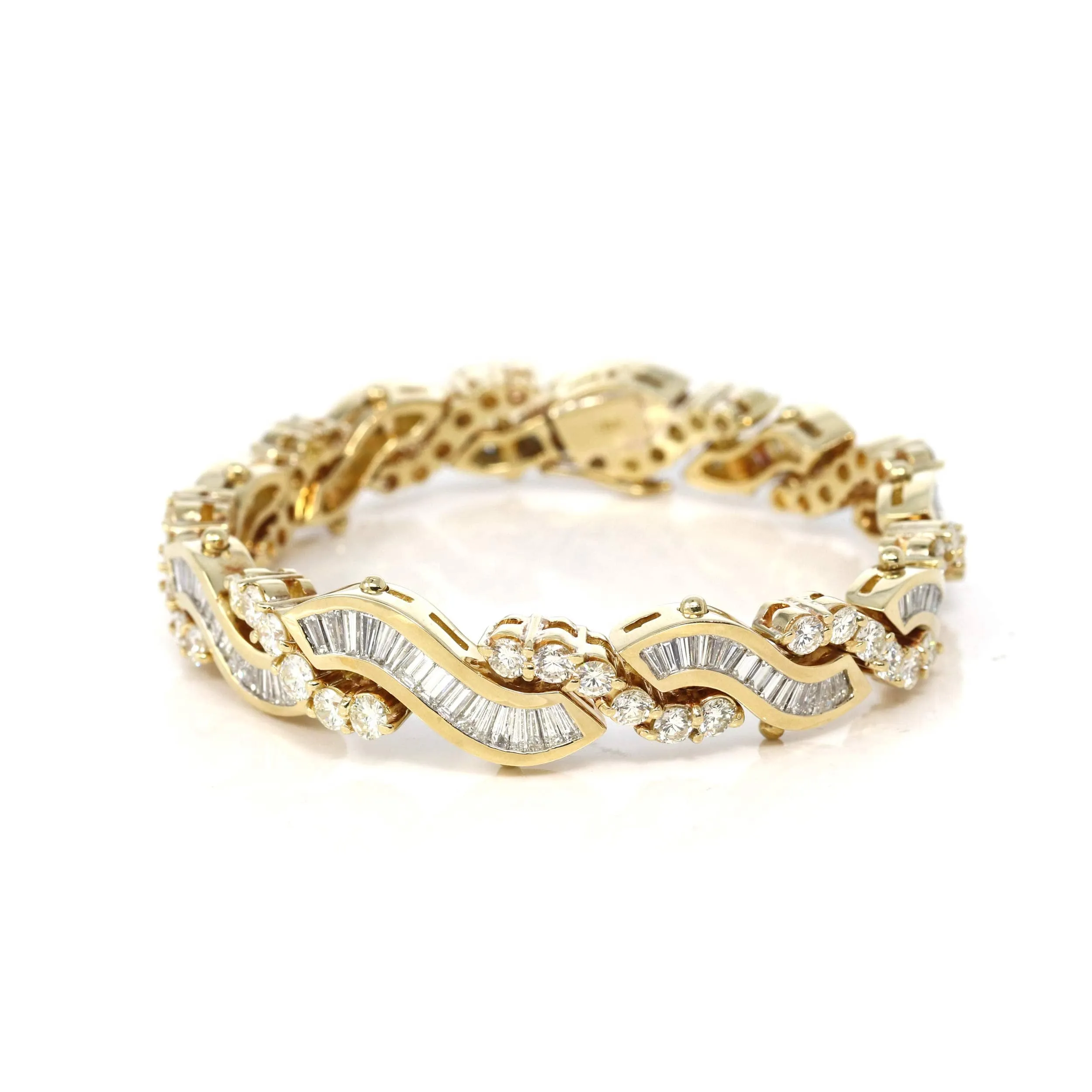 18k Yellow Gold Channel set baguette & round 12.28CTTW Diamond Bangle Bracelet