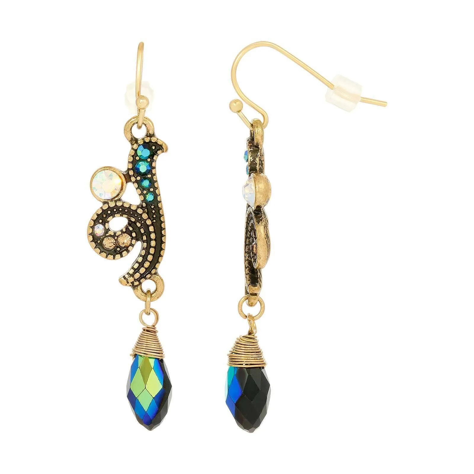 1928 Jewelry Peacock Plumage Blue Iridescent AB Glass Drop Bead Fish Hook Earrings