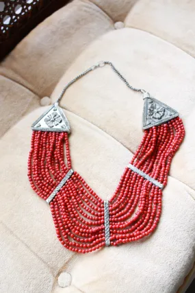 1970s Coral Beaded Bib Necklace