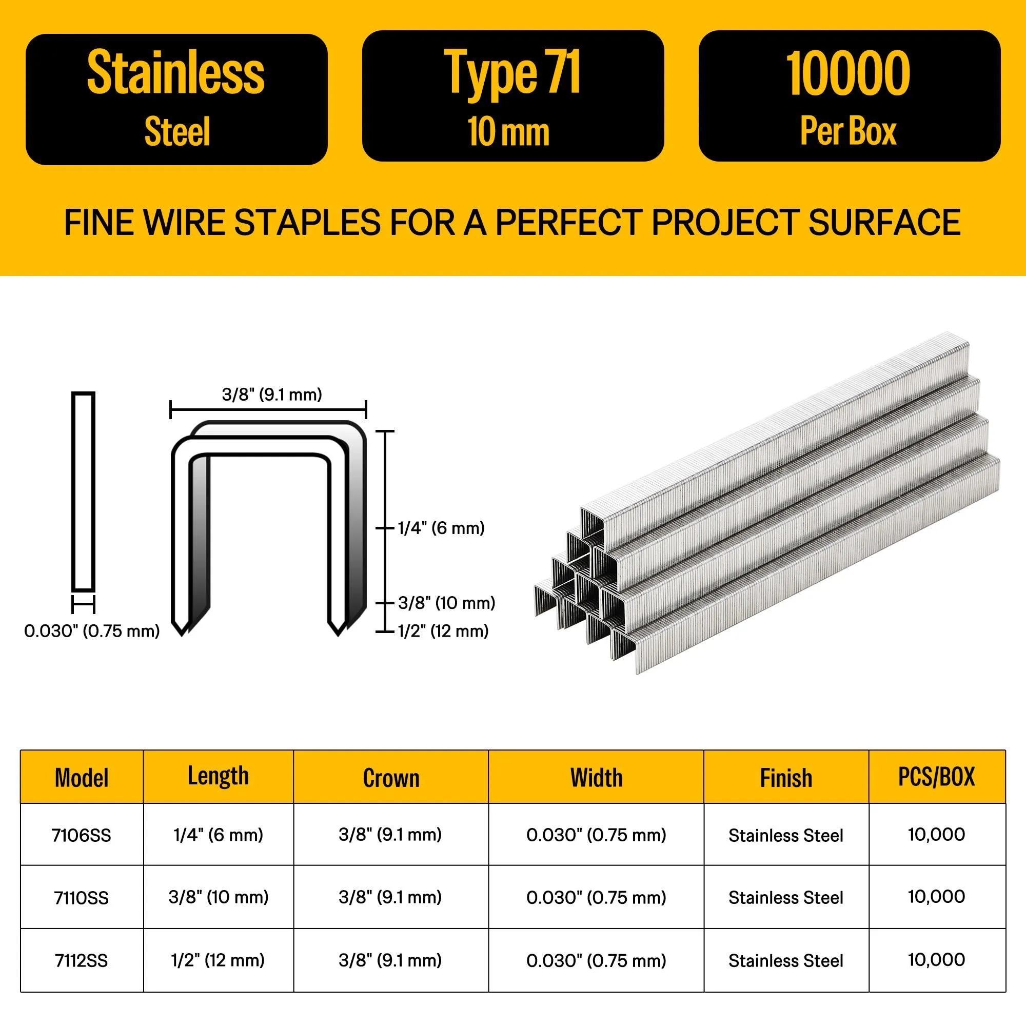 22 Gauge 71 Series 3/8" Crown 1/4" to 3/8" Length Stainless Steel Staples