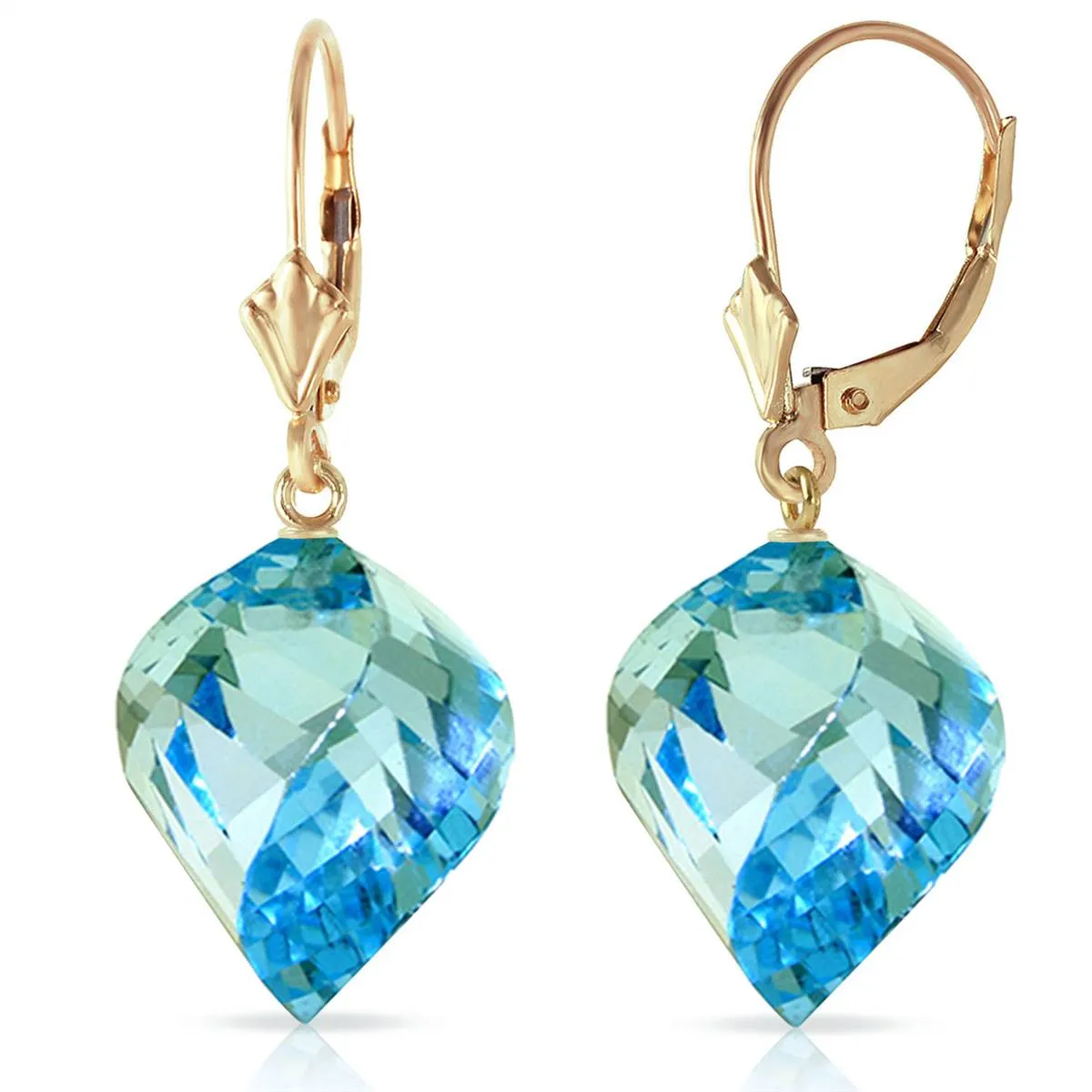 27.85 Carat 14K Solid Yellow Gold Leverback Earrings Twisted Briolette Blue Topaz