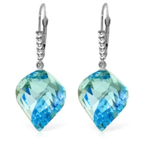 28 Carat 14K Solid White Gold Leverback Earrings Diamond Briolette Blue Topaz