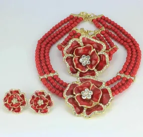 3 Layer Red Beads Jewellery Set with Brooch Pendant Necklace Earring Bracelet & Ring Beautiful Design