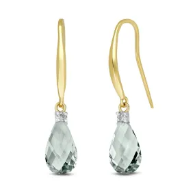 4.6 Carat 14K Solid Yellow Gold Fish Hook Earrings Diamond&green Amethyst