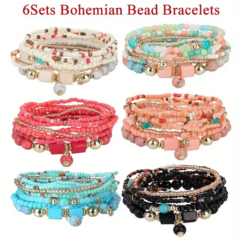 6-Set (48pcs) Vibrant Bohemian Stacked Bead Elastic Bracelet Collection - Multi-Layered, Multi-Colored, Ethnic Charm Jewelry for Women, Men, Girls, Boys, and Teenagers - Perfect for Daily, Vacation, and Gift-Giving Occasions