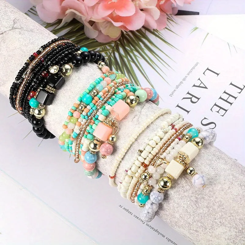 6-Set (48pcs) Vibrant Bohemian Stacked Bead Elastic Bracelet Collection - Multi-Layered, Multi-Colored, Ethnic Charm Jewelry for Women, Men, Girls, Boys, and Teenagers - Perfect for Daily, Vacation, and Gift-Giving Occasions